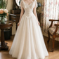 Playful V Neck Lace Wedding Dresses Tulle Short Sleeve A-Line Bridal Dress D0119
