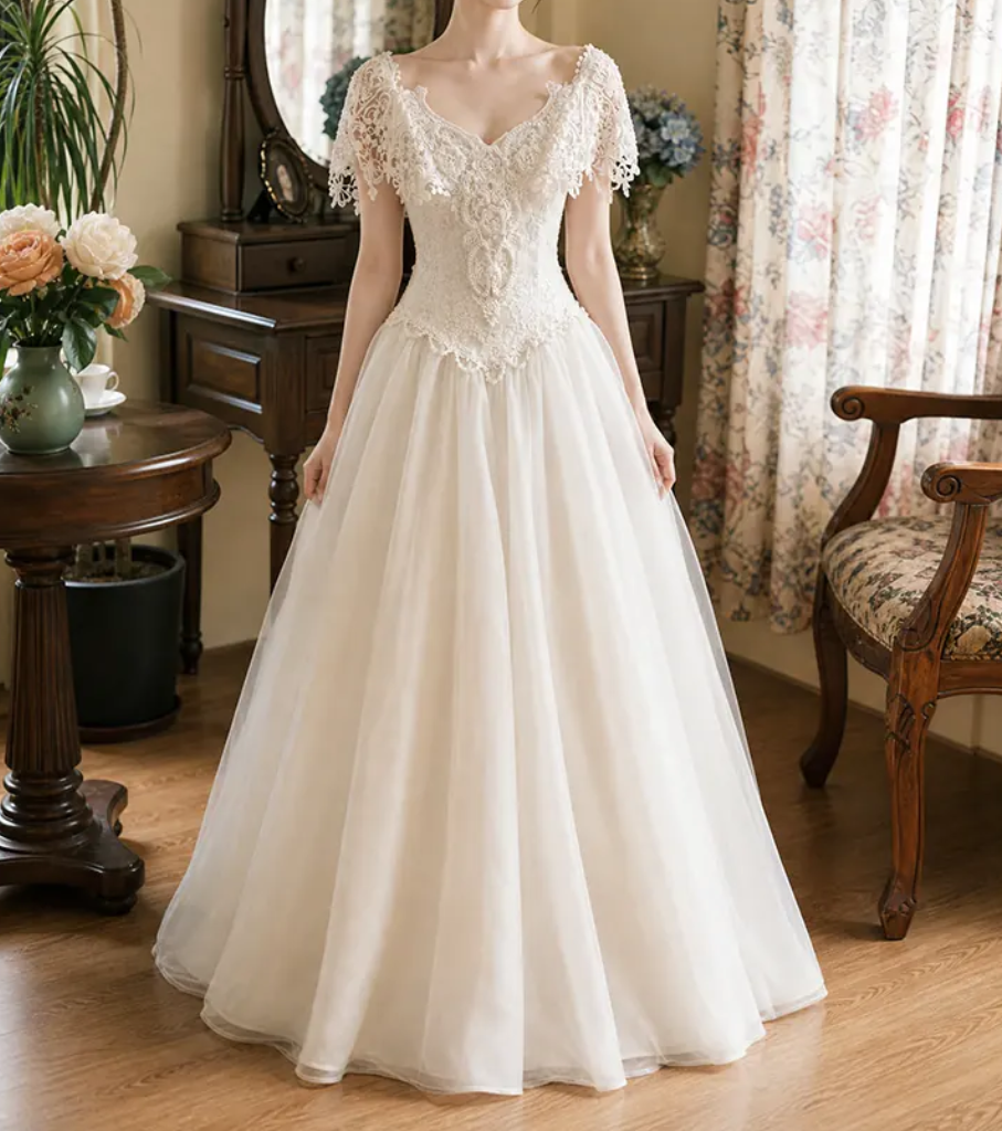 Playful V Neck Lace Wedding Dresses Tulle Short Sleeve A-Line Bridal Dress D0119