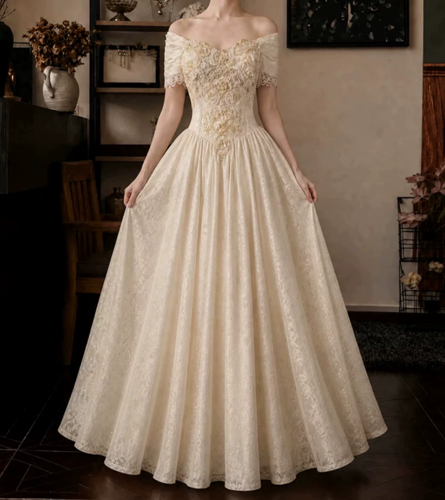Glam Off-Shoulder Wedding Dresses Appliques Jacquard A-Line Bridal Dress D0120