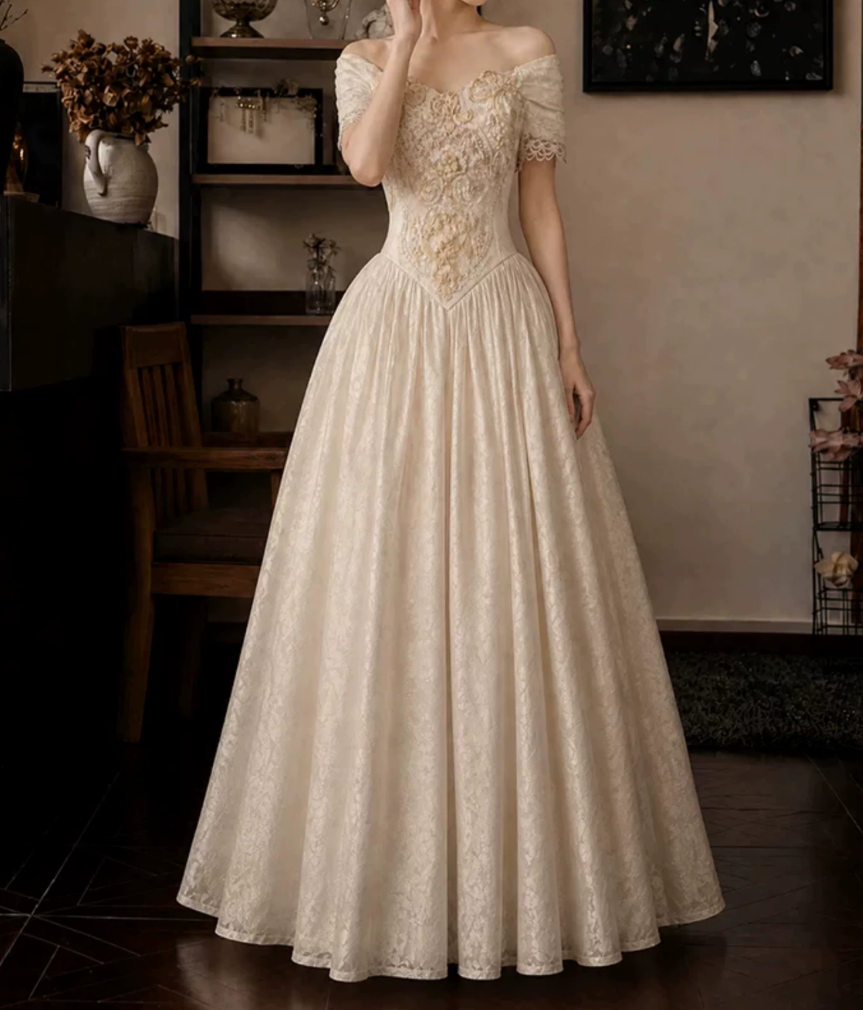 Glam Off-Shoulder Wedding Dresses Appliques Jacquard A-Line Bridal Dress D0120