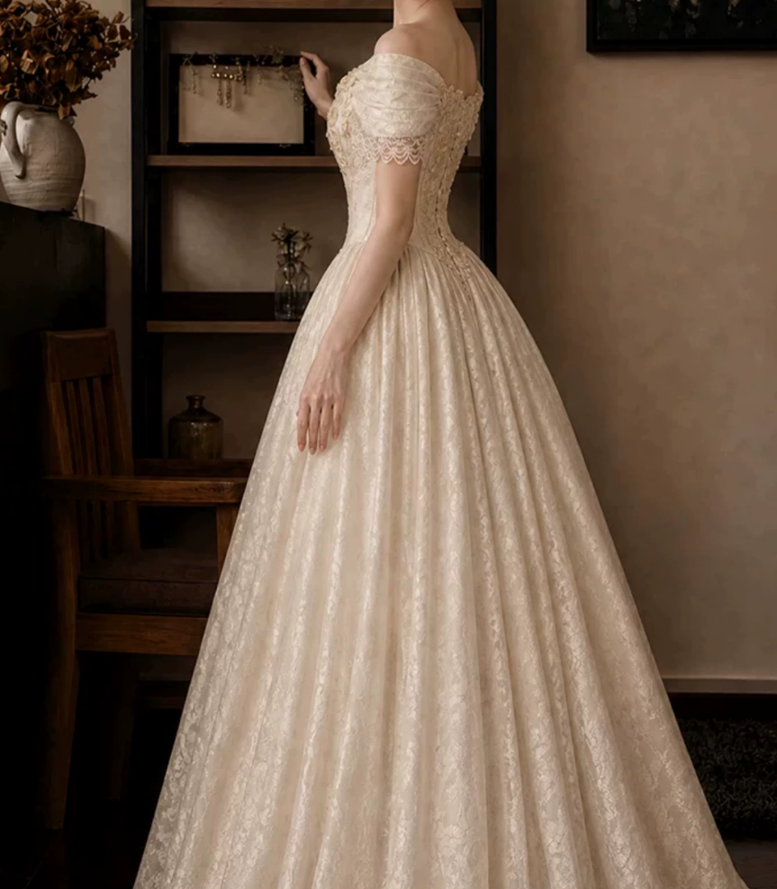 Glam Off-Shoulder Wedding Dresses Appliques Jacquard A-Line Bridal Dress D0120