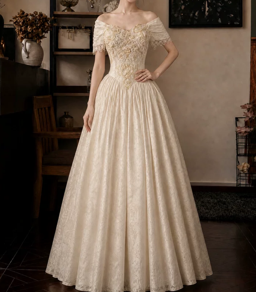 Glam Off-Shoulder Wedding Dresses Appliques Jacquard A-Line Bridal Dress D0120
