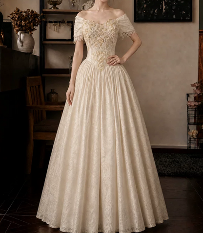 Glam Off-Shoulder Wedding Dresses Appliques Jacquard A-Line Bridal Dress D0120