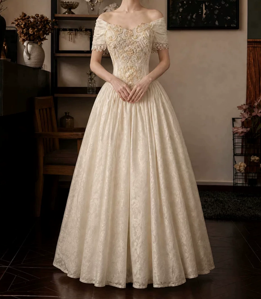Glam Off-Shoulder Wedding Dresses Appliques Jacquard A-Line Bridal Dress D0120