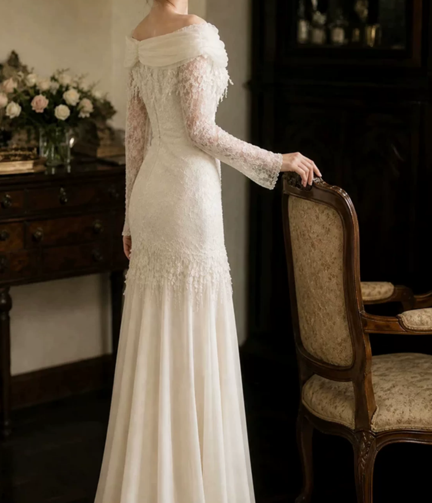 Superbe robe de mariée sirène bustier en satin et tulle, longue et en dentelle, C4563