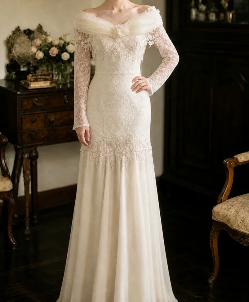 Superbe robe de mariée sirène bustier en satin et tulle, longue et en dentelle, C4563