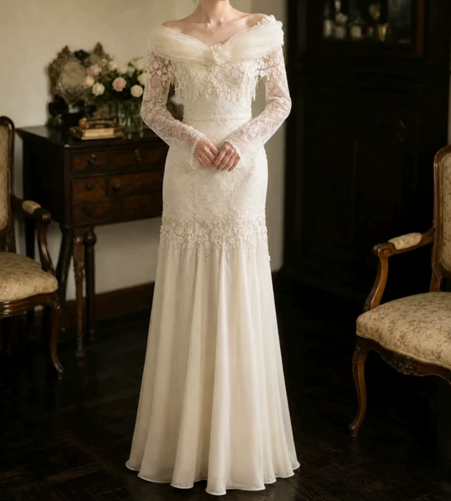 Superbe robe de mariée sirène bustier en satin et tulle, longue et en dentelle, C4563