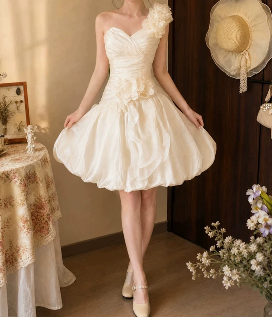 Sweet One Shoulder Homecoming Dress Ivory Appliques A-Line Birthday Dress D0125