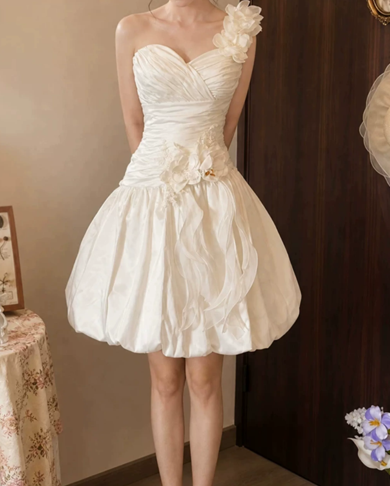 Sweet One Shoulder Homecoming Dress Ivory Appliques A-Line Birthday Dress D0125