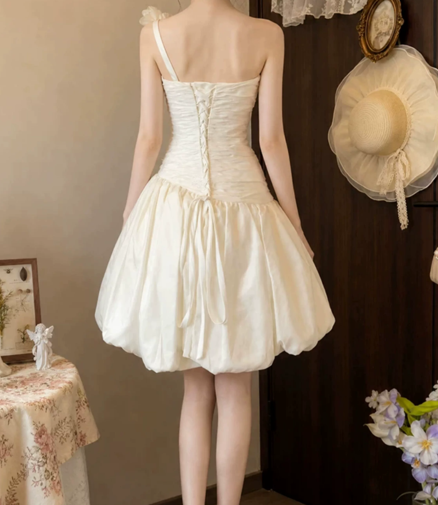 Sweet One Shoulder Homecoming Dress Ivory Appliques A-Line Birthday Dress D0125