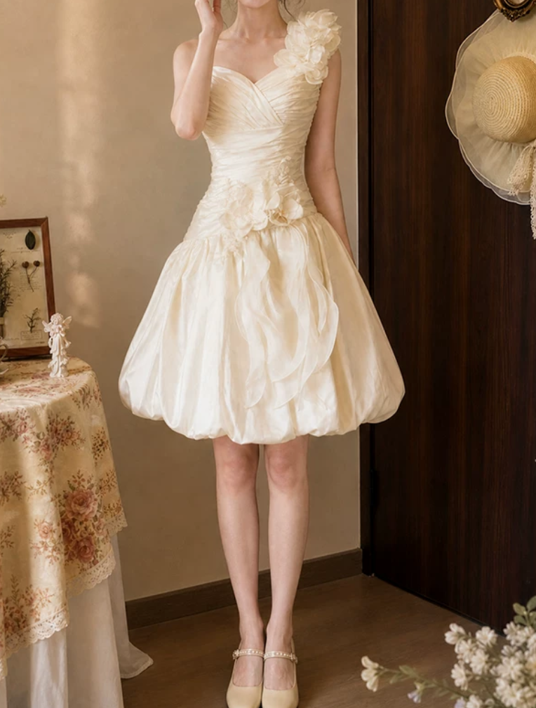 Sweet One Shoulder Homecoming Dress Ivory Appliques A-Line Birthday Dress D0125