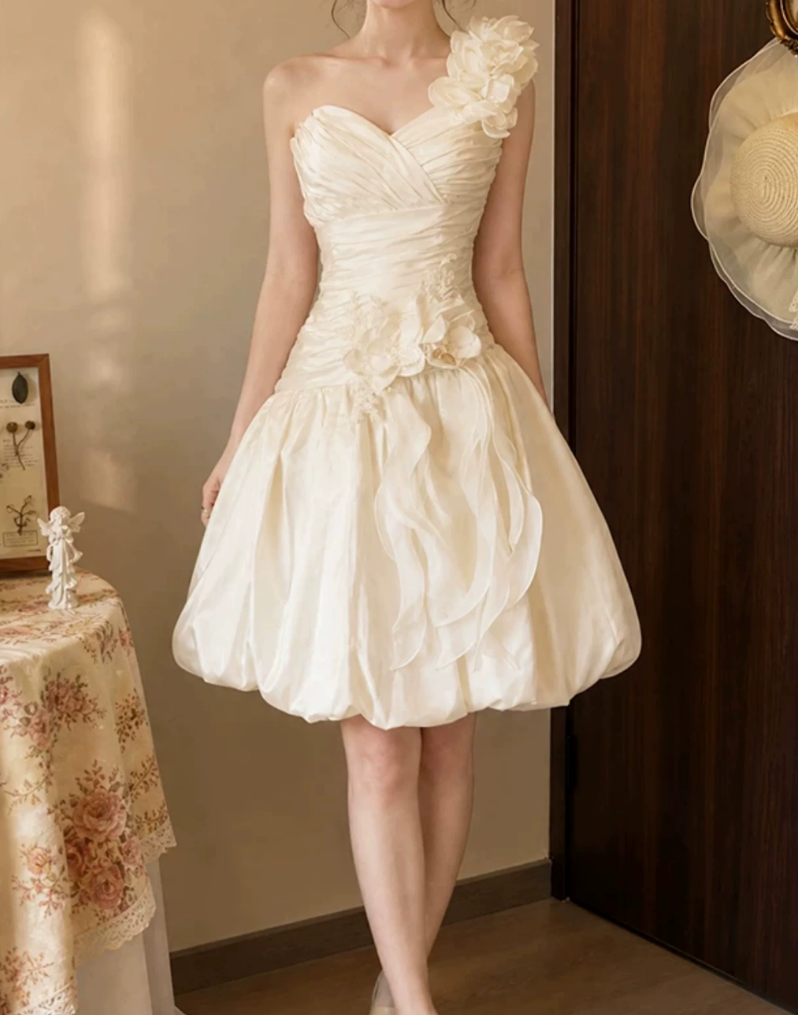 Sweet One Shoulder Homecoming Dress Ivory Appliques A-Line Birthday Dress D0125