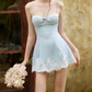 Chic Spaghetti Straps Homecoming Dress Blue Bow Lace A-Line Birthday Dress D0126