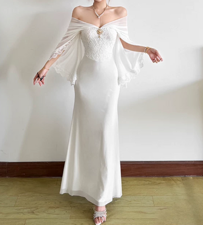 Ethereal Off The Shoulder Maxi Dress White Lace Mermaid Long Dress D0129
