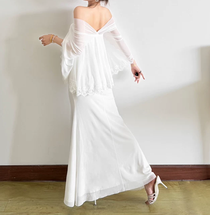 Ethereal Off The Shoulder Maxi Dress White Lace Mermaid Long Dress D0129