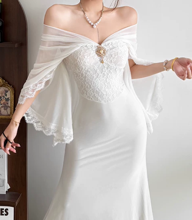 Ethereal Off The Shoulder Maxi Dress White Lace Mermaid Long Dress D0129