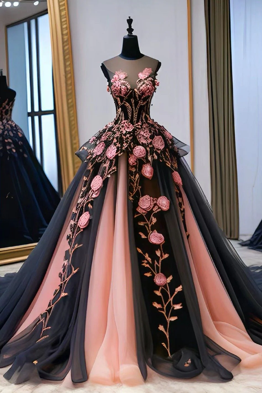 Modest Ball Gown Lace Floral Black Prom Dress D013