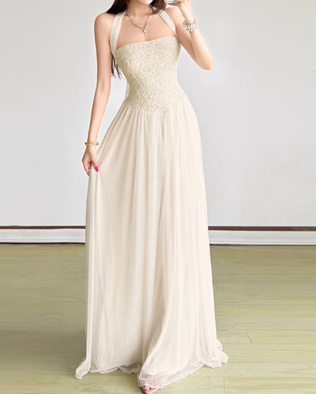 Flowy Halter Neck White Prom Dress Sequins Chiffon A-Line Evening Dress D0130