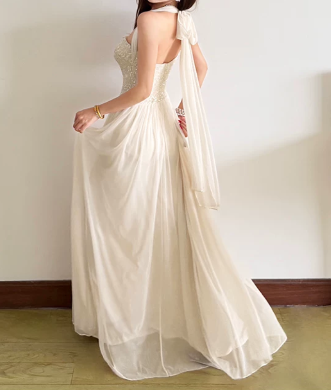 Flowy Halter Neck White Prom Dress Sequins Chiffon A-Line Evening Dress D0130