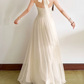Flowy Halter Neck White Prom Dress Sequins Chiffon A-Line Evening Dress D0130