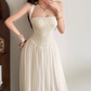 Flowy Halter Neck White Prom Dress Sequins Chiffon A-Line Evening Dress D0130