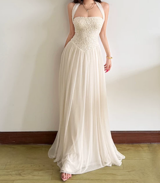 Flowy Halter Neck White Prom Dress Sequins Chiffon A-Line Evening Dress D0130