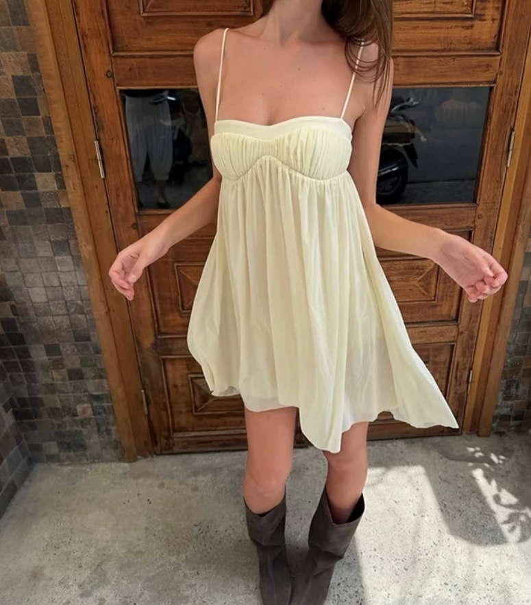 Simple Spaghetti Straps Mini Dress Ivory Chiffon Holiday A-Line Short Dress D0131