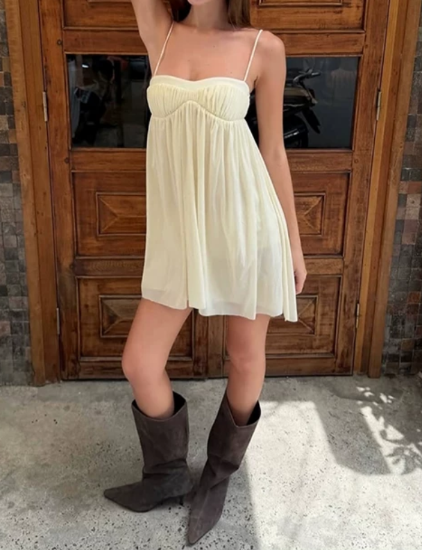 Simple Spaghetti Straps Mini Dress Ivory Chiffon Holiday A-Line Short Dress D0131
