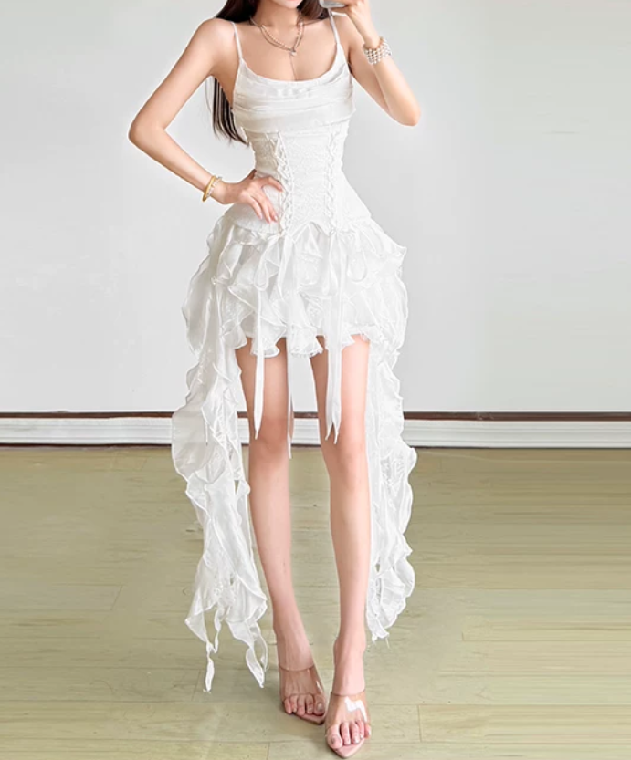 Elegant Spaghetti Straps Satin Homecoming Dress White Ruffles A-Line Birthday Dress D0132