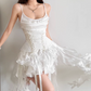 Elegant Spaghetti Straps Satin Homecoming Dress White Ruffles A-Line Birthday Dress D0132