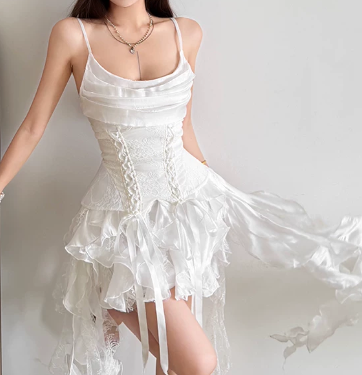 Elegant Spaghetti Straps Satin Homecoming Dress White Ruffles A-Line Birthday Dress D0132