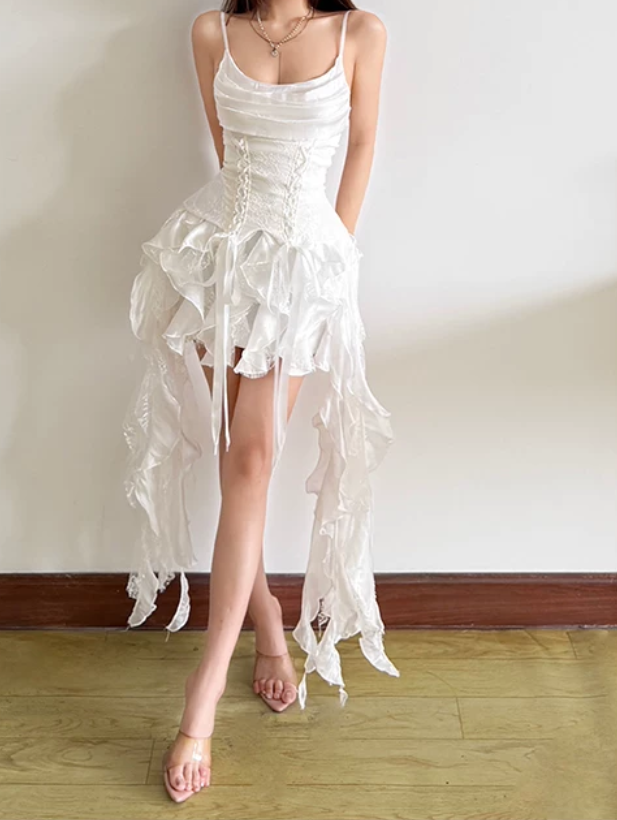 Elegant Spaghetti Straps Satin Homecoming Dress White Ruffles A-Line Birthday Dress D0132