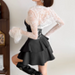 Playful Spaghetti Straps Leather Mini Dress With Lace Cape Black Tiered A-Line Short Dress D0135