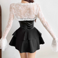 Playful Spaghetti Straps Leather Mini Dress With Lace Cape Black Tiered A-Line Short Dress D0135