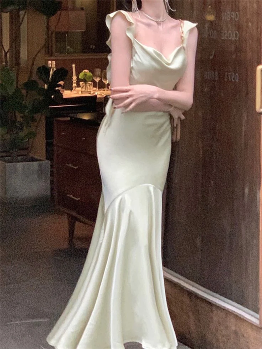 Robe de bal longue vert menthe, sirène modeste, sans manches, D014