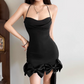 Classical Halter Neck Mini Dress Black Bows Party Outfit Sheath Short Dress D0140