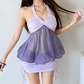 Cute Halter Neck Backless Mini Dress Purple Party Outfit Sheath Short Dress D0141