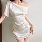 Chic Beaded One Shoulder Homecoming Dress White Satin A-Line Birthday Dress D0146