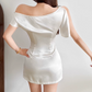 Chic Beaded One Shoulder Homecoming Dress White Satin A-Line Birthday Dress D0146