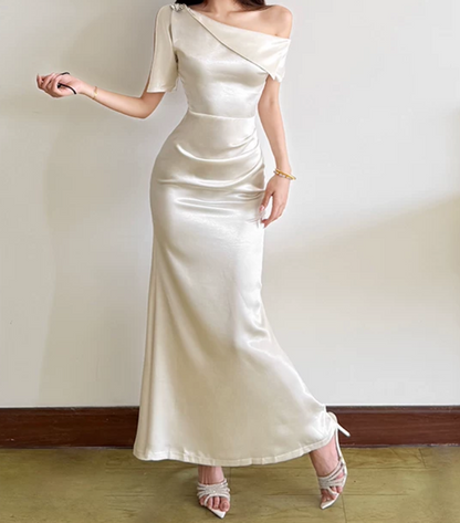 Sleek One Shoulder Maxi Dress White Beaded Satin Mermaid Long Dress D0147