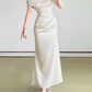 Sleek One Shoulder Maxi Dress White Beaded Satin Mermaid Long Dress D0147