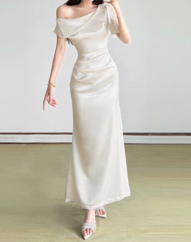 Sleek One Shoulder Maxi Dress White Beaded Satin Mermaid Long Dress D0147