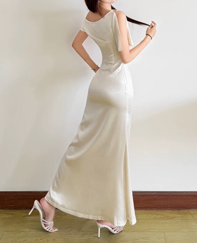 Sleek One Shoulder Maxi Dress White Beaded Satin Mermaid Long Dress D0147
