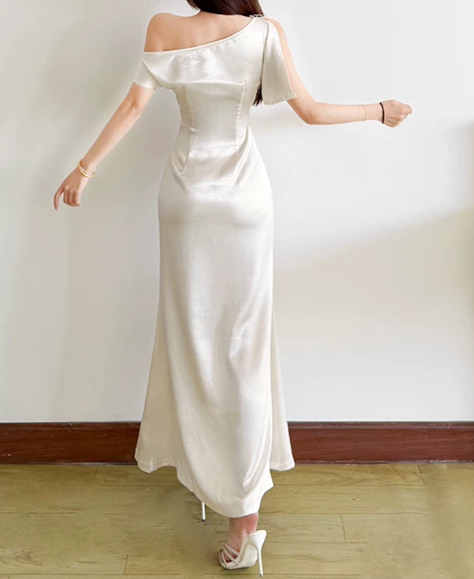 Sleek One Shoulder Maxi Dress White Beaded Satin Mermaid Long Dress D0147