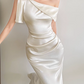Sleek One Shoulder Maxi Dress White Beaded Satin Mermaid Long Dress D0147