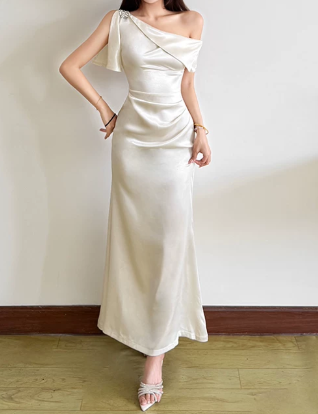 Sleek One Shoulder Maxi Dress White Beaded Satin Mermaid Long Dress D0147