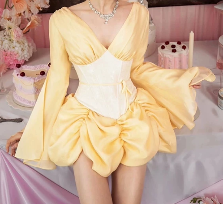 Cute V Neck Homecoming Dress Yellow Long Sleeve A-Line Birthday Dress D0149