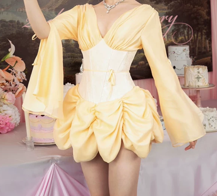 Cute V Neck Homecoming Dress Yellow Long Sleeve A-Line Birthday Dress D0149