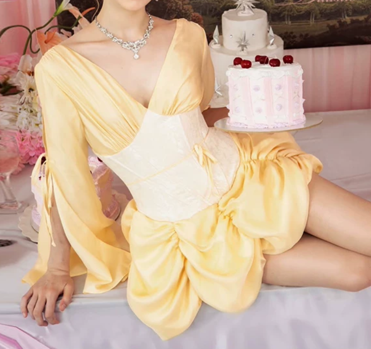 Cute V Neck Homecoming Dress Yellow Long Sleeve A-Line Birthday Dress D0149