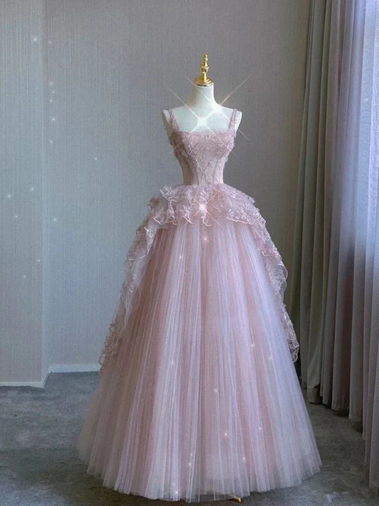 Modest Ball Gown Strapless Sleeveless Pink Long Prom Dress D015